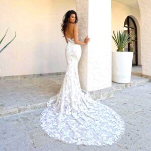 Enzoani “Lesley” Ivory Lace Mermaid Wedding Gown with Floral Appliqué
